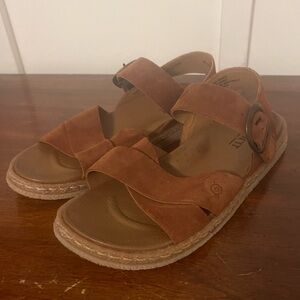 Born Carla women's leather criss-cross front ankle strap sandal in a cognac SZ 8